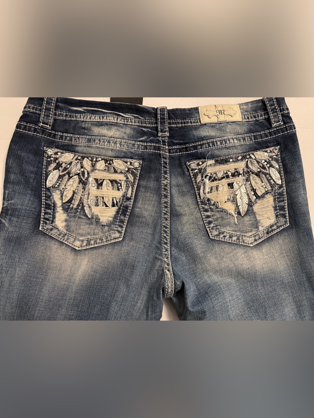 Miss Me Embellished Distressed Back-Pocket Jeans - Blue boot cut